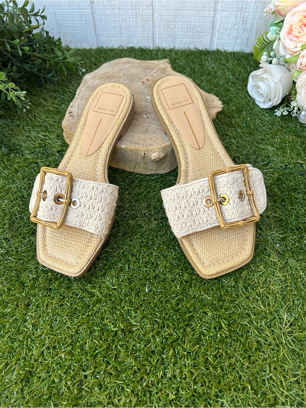 Dolce vita Woven decorative bamboo Buckle Slide Sandals in Cream size 7 new - Picture 1 of 11